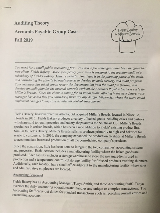  Auditing Theory Fields Bakery Miller's Breads Accounts Payable Group Case Fall