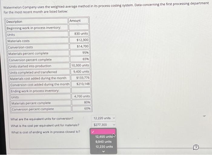  Watermelon Company uses the weighted-average method in its process costing system.