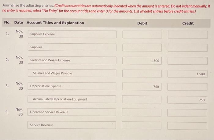 valued at $4,800. 2. Accrued salaries payable are $1,500. 3. Depreciation for