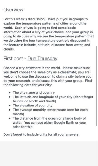 help please thank you (: Overview For this week's discussion, I have