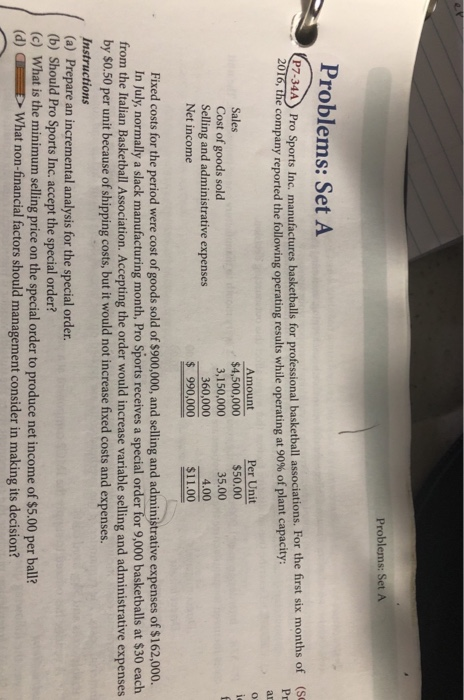  Problems: Set A Problems: Set A 734A Pro Sports Inc. manufactures