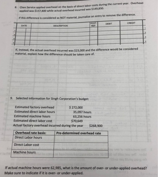 Please Answer Questions Below Chen Service applied overhead on the basis of