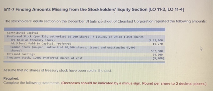  E11-7 Finding Amounts Missing from the Stockholders' Equity Section [LO 11-2,