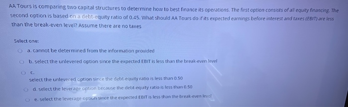  AA Tours is comparing two capital structures to determine how to
