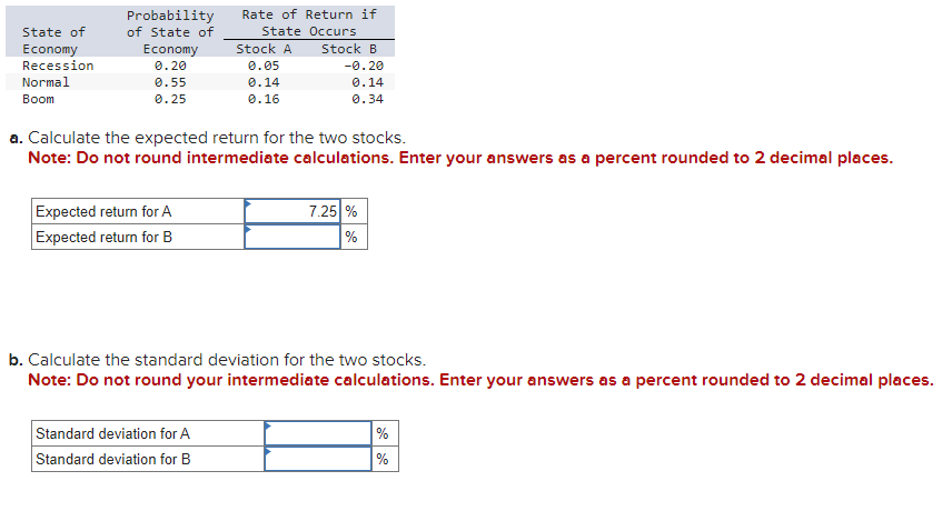  a. Calculate the expected return for the two stocks. Note: Do