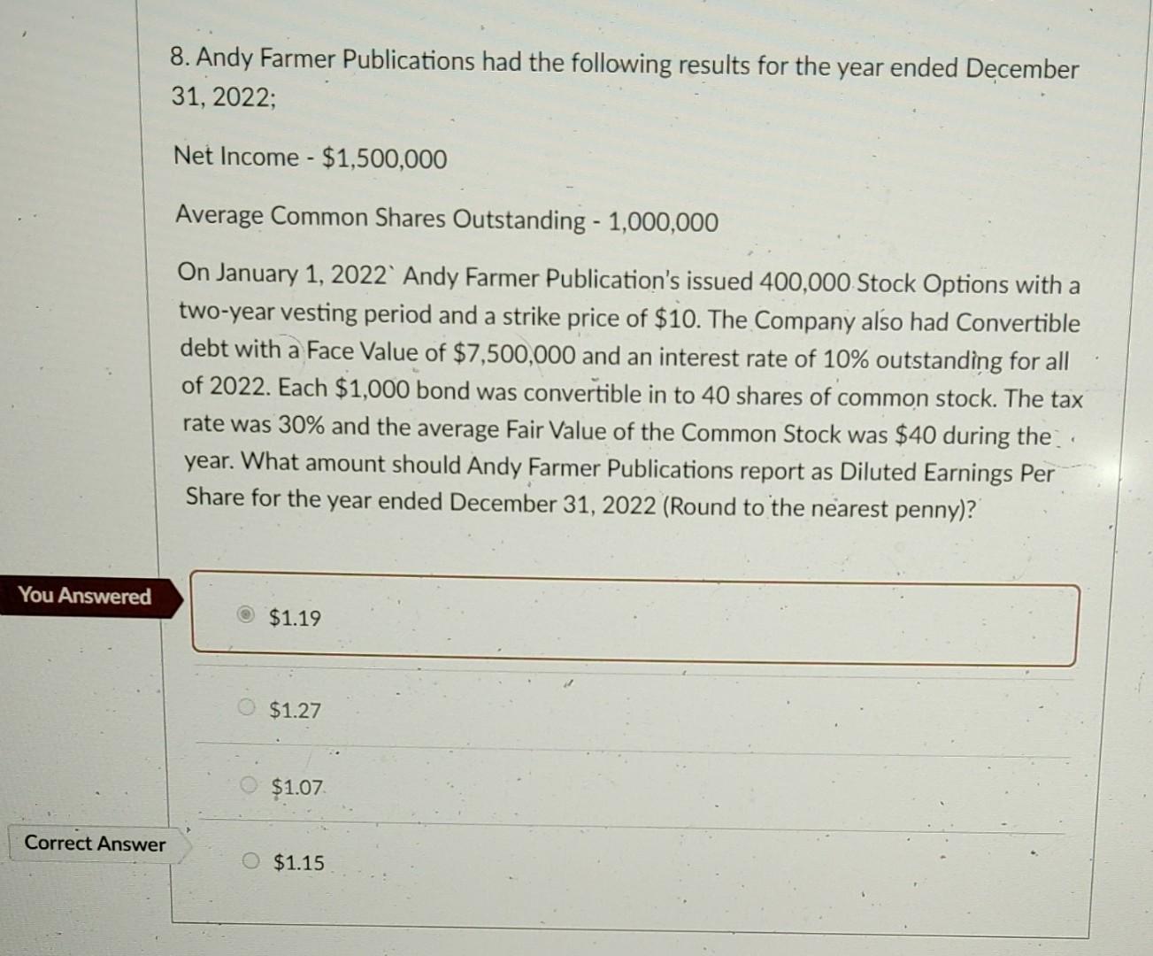  please show work. correct answer is given. Thanks 8. Andy Farmer