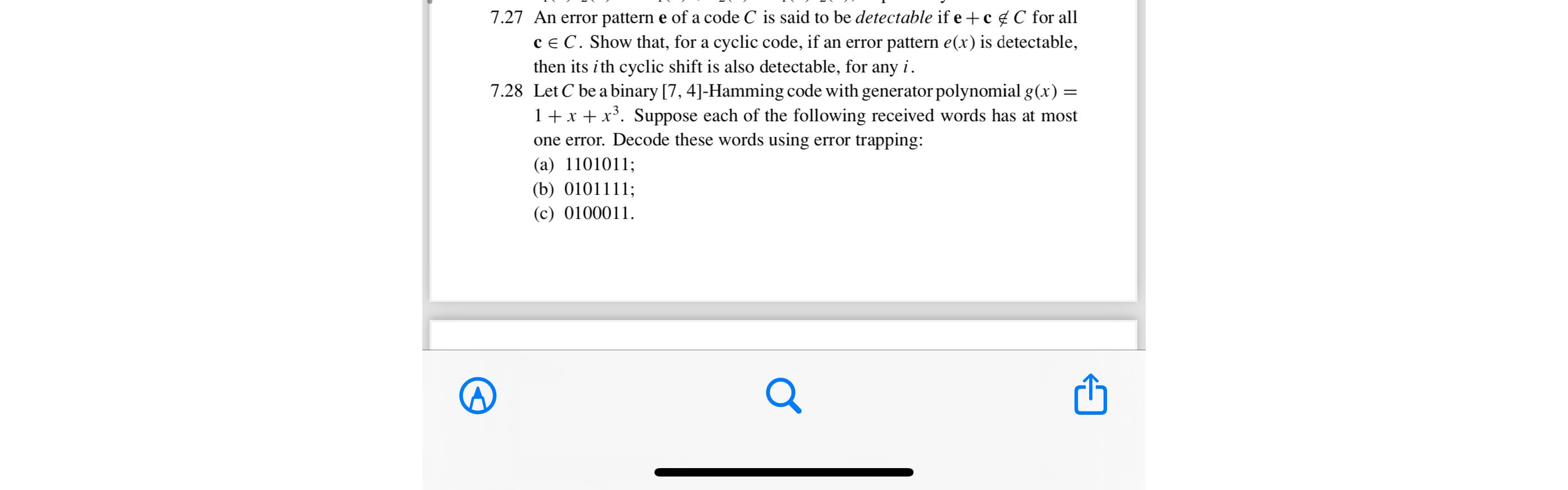  7.27 An error pattern e of a code C is said