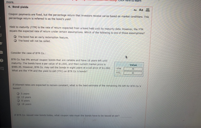  more 4. Bond yields Aa Aa Coupon payments are fixed, but