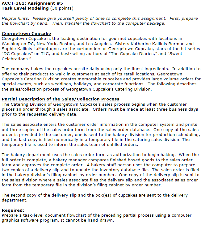  ACCT-361: Assignment #5 Task Level Modeling (30 points) Helpful hints: Please