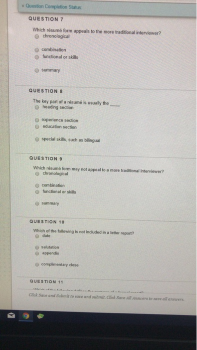  Question Completion Status QUESTION 7 Which rsum form appeals to the