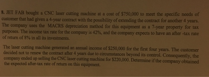  please show work done and formulas 8. JET FAB bought a