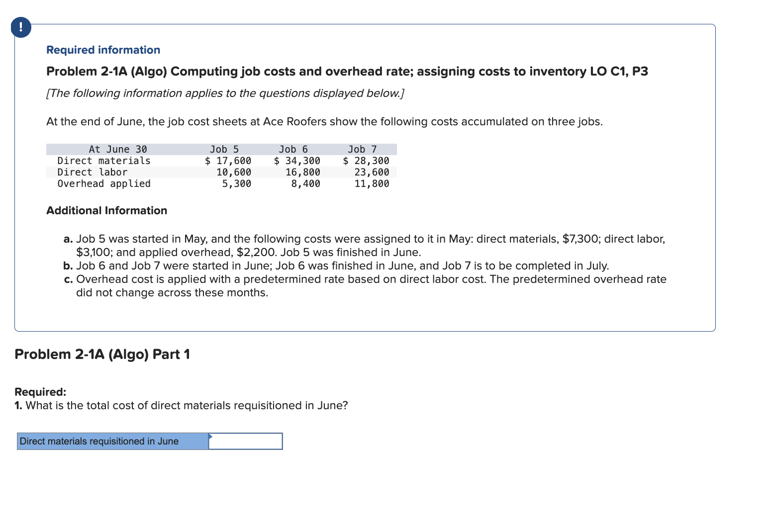 Required information Problem 2-1A (Algo) Computing job costs and overhead rate;