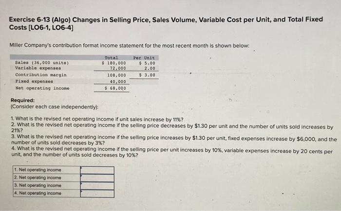  Exercise 6-13 (Algo) Changes in Selling Price, Sales Volume, Variable Cost