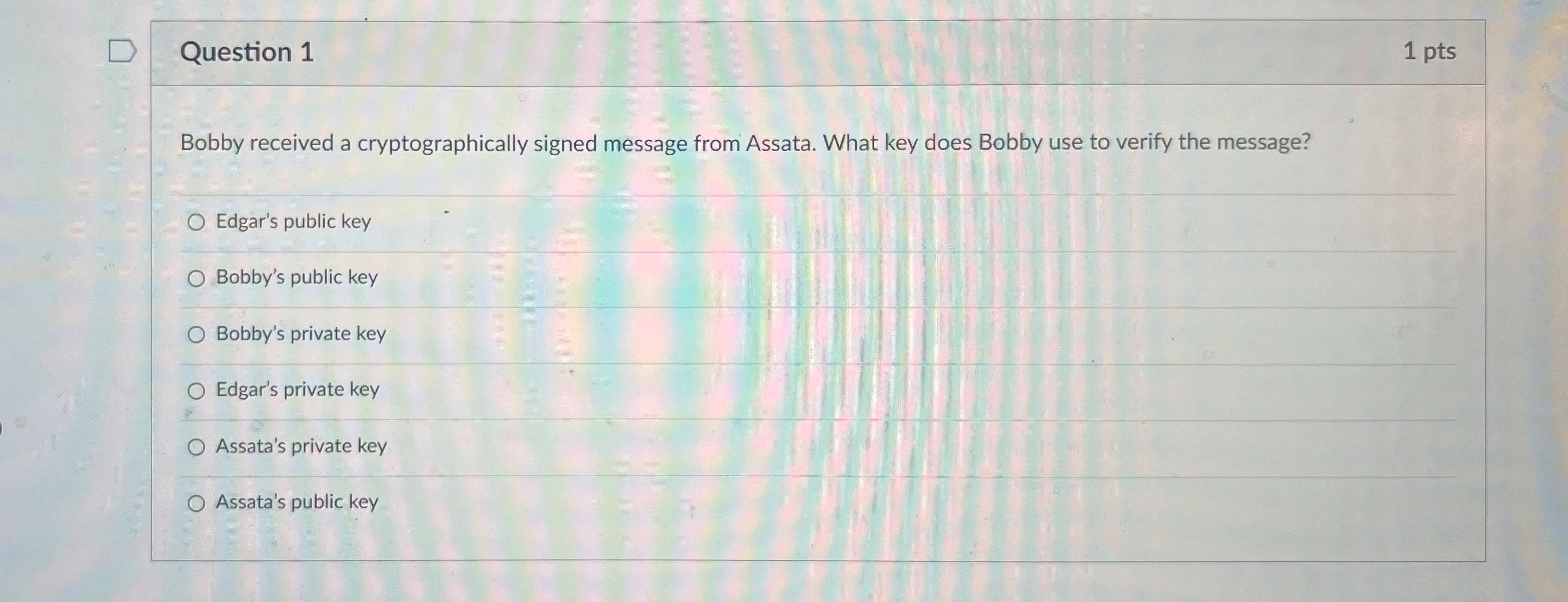  Question 1 1 pts Bobby received a cryptographically signed message from