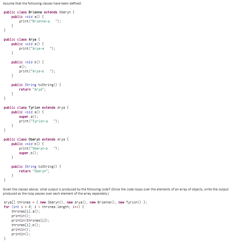 java help Assume that the following classes have been defined public class