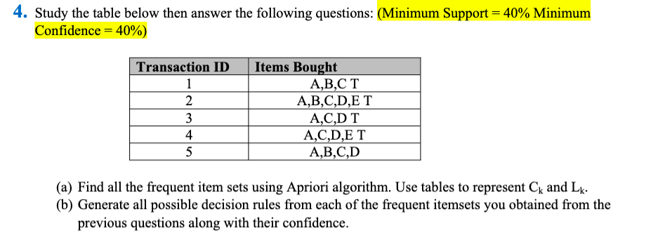 Study the table below then answer the following questions: (Minimum Support