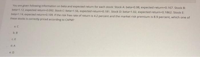  You are given following information on beta and expected return for