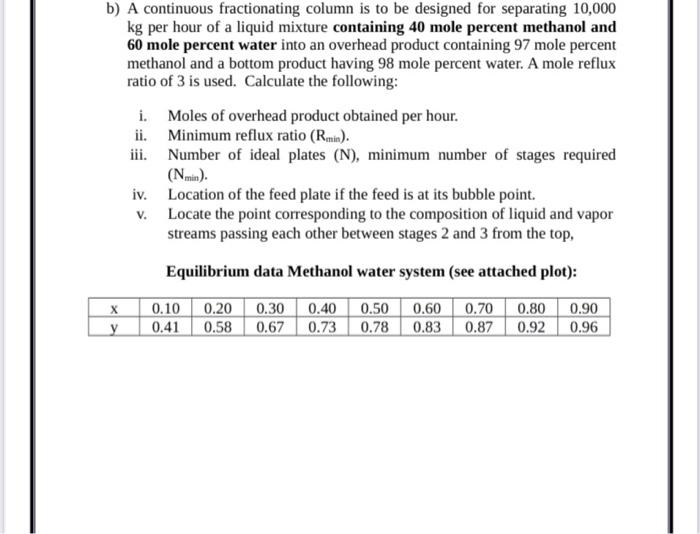 mass transfer b) A continuous fractionating column is to be designed for