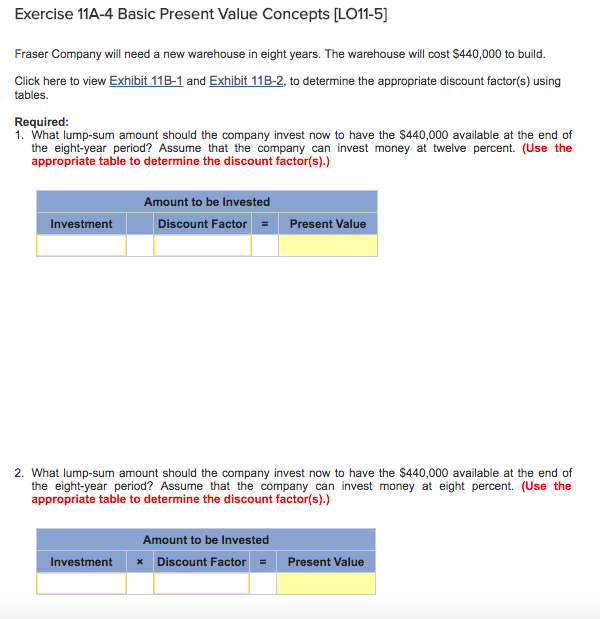  Exercise 11A-4 Basic Present Value Concepts [LO11-5] Fraser Company will need