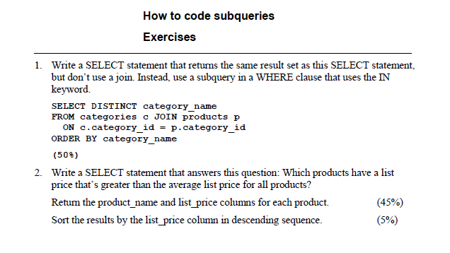 SQL Assignment. TIA SQL Table How to code subqueries Exercises 1. Write