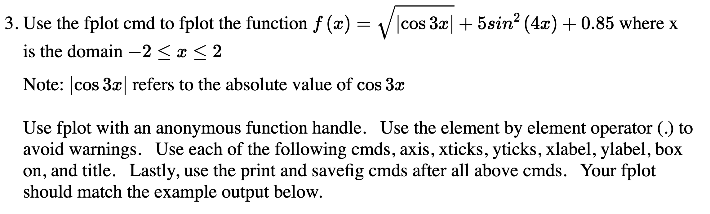  3. Use the fplot cmd to fplot the function f(x)=cos3x+5sin2(4x)+0.85 where