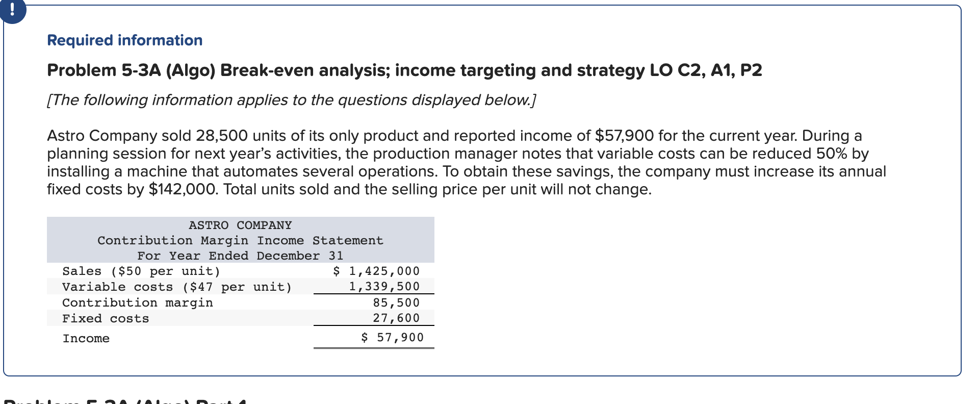 Please answer all Required information Problem 5-3A (Algo) Break-even analysis; income targeting
