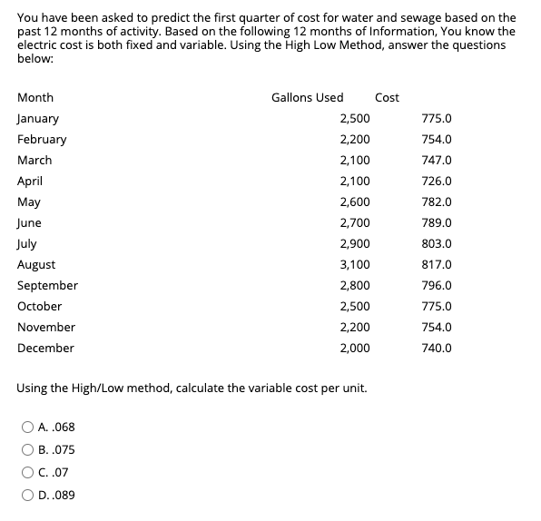  2. Using the high/low method, calculate the total fixed cost based