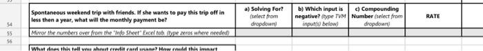  \begin{tabular}{|l|c|c|c|c|c|c|c|} \hline IvingFor?lectfromapdown) & b)Whichinputisnegative?(topeTMMinput(s)below) & c)CompoundingNumber(selectfromdropdown) & RATE & NPER