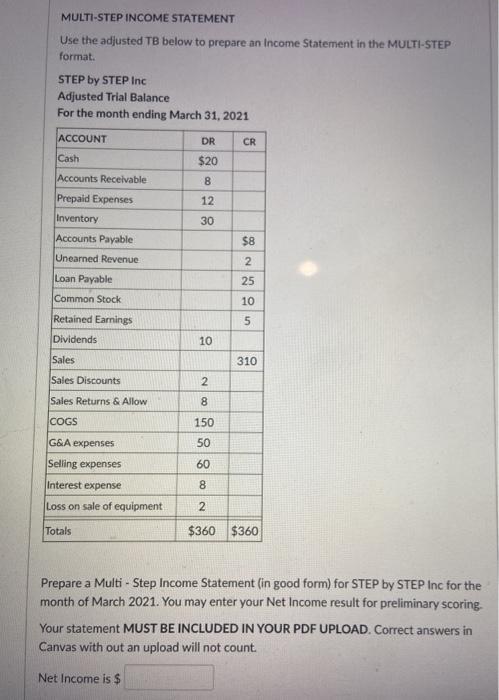  MULTI-STEP INCOME STATEMENT Use the adjusted TB below to prepare an