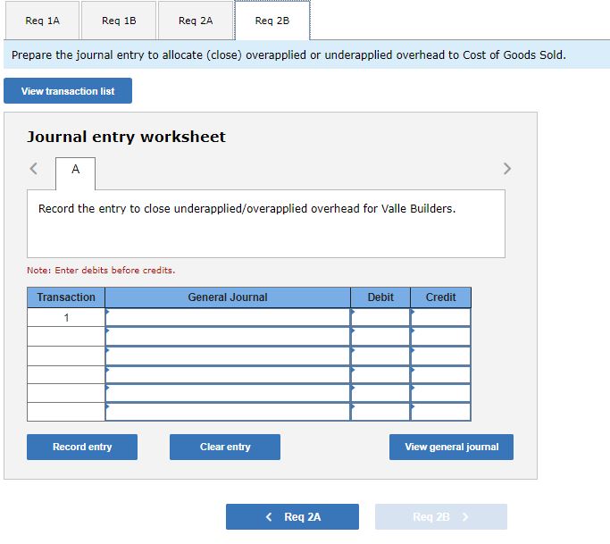 Goods Sold. Valle Builders 2-a. Determine whether overhead is overapplied or underapplied.