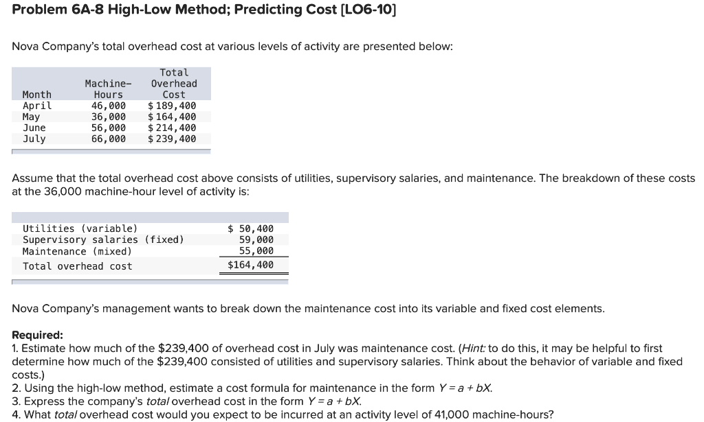  Problem 6A-8 High-Low Method; Predicting Cost (LO6-10) Nova Company's total overhead