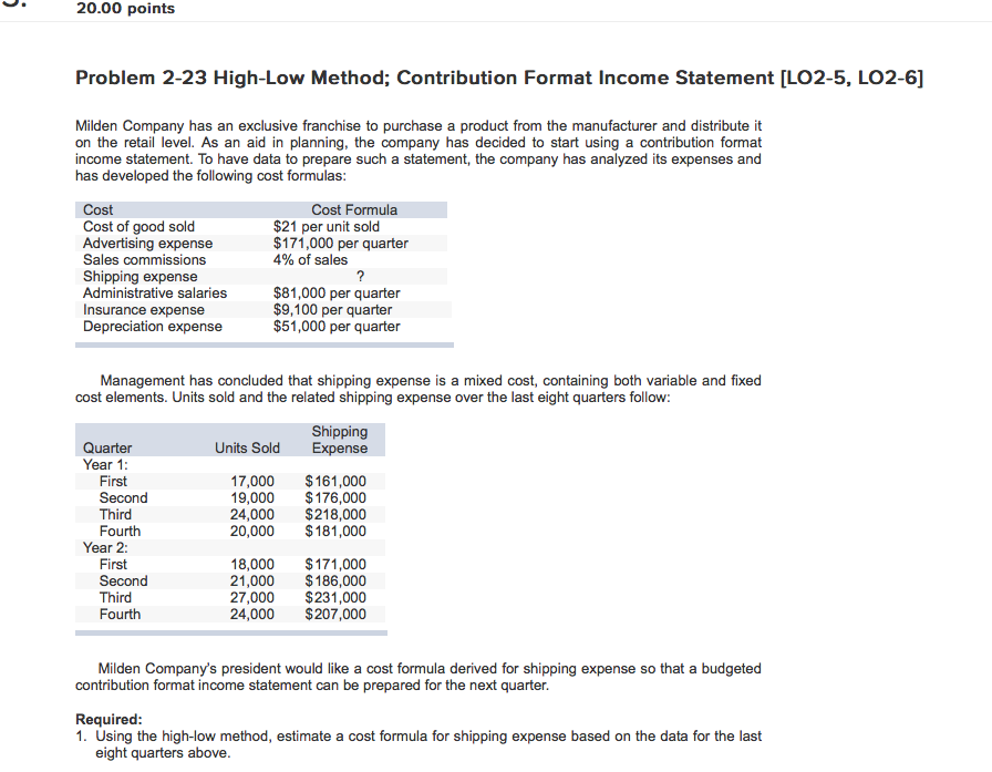  20.00 points Problem 2-23 High-Low Method; Contribution Format income Statement [LO2-5,