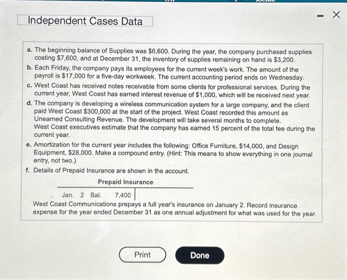 company's year-end, for each of the following independent cases affecting West Coast
