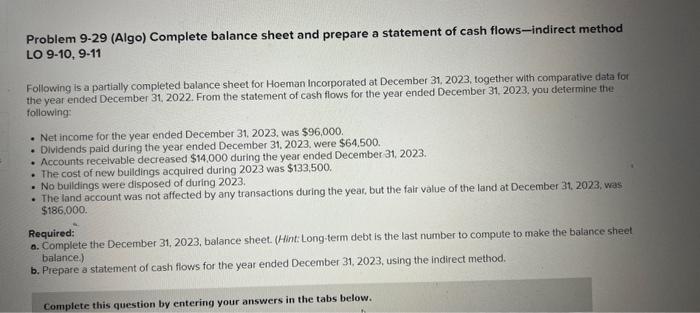  Problem 9-29 (Algo) Complete balance sheet and prepare a statement of