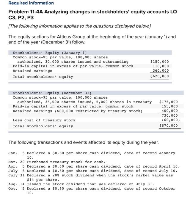  Required information Problem 11-4A Analyzing changes in stockholders' equity accounts LO