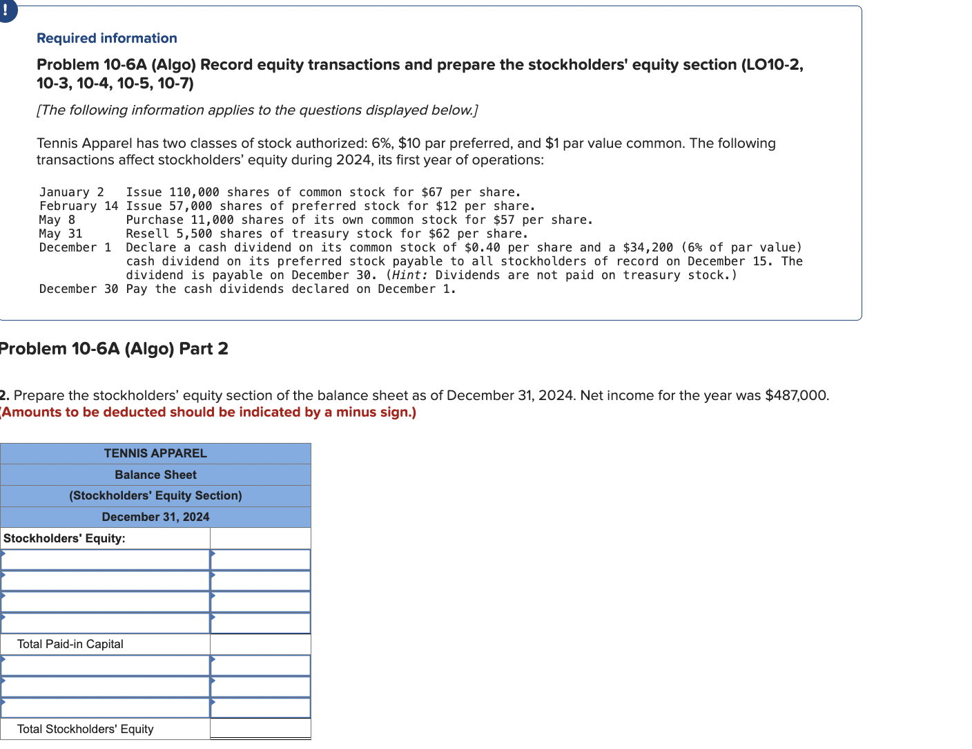  Required information Problem 10-6A (Algo) Record equity transactions and prepare the