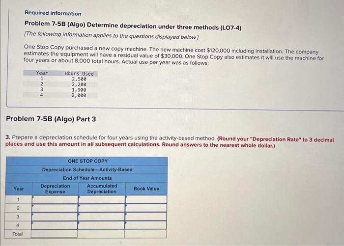 Need help with these Required information Problem 7-5B (Algo) Determine depreciation under