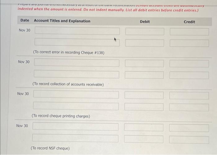 balance of $5,779 at November 30. Other information is as follows: 1.