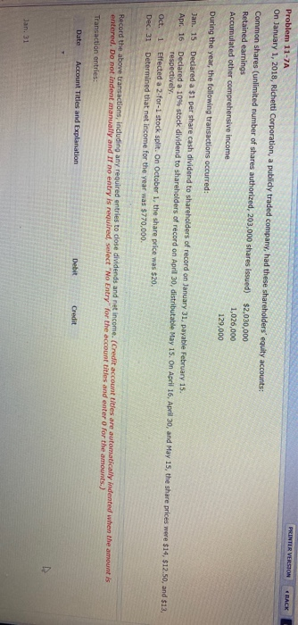  PRINTER VELSTON RACK Problem 11-7A On January 1, 2018, Richetti Corporation,