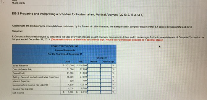  1. 15.00 points E13-3 Preparing and Interpreting a Schedule for Horizontal