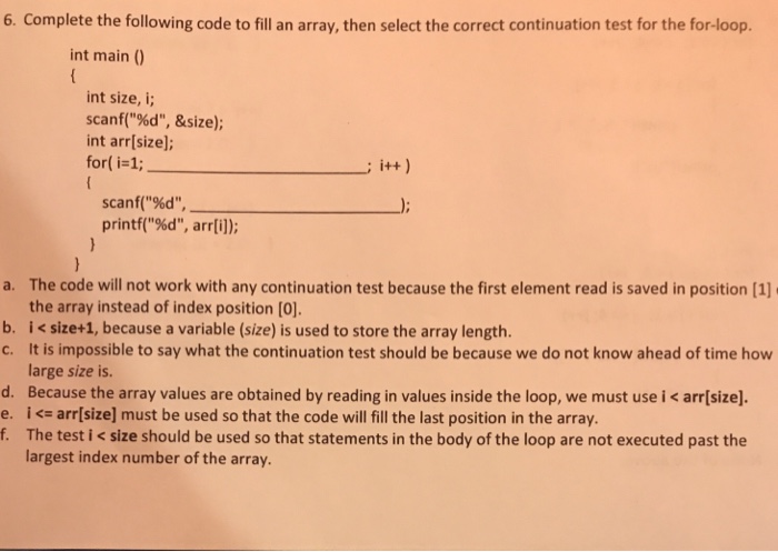  6. Complete the following code to fill an array, then select