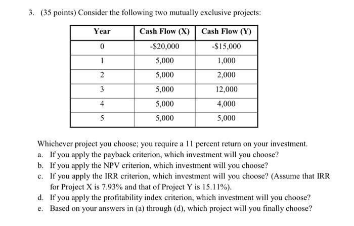  3. (35 points) Consider the following two mutually exclusive projects: Whichever