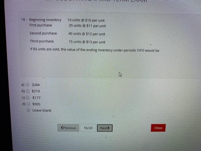  accounting 18. Beginning inventory 10 units @ $10 per unit First