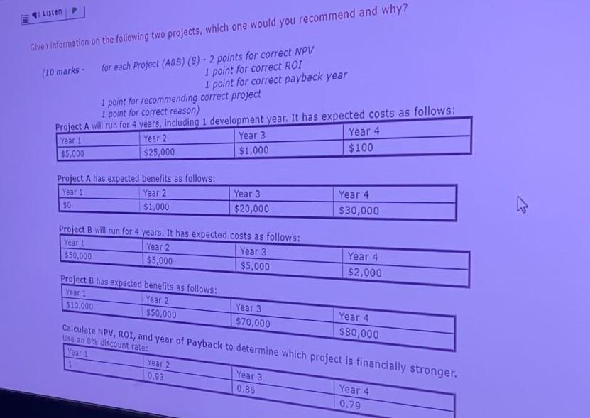  7 Listen Given information on the following two projects, which one