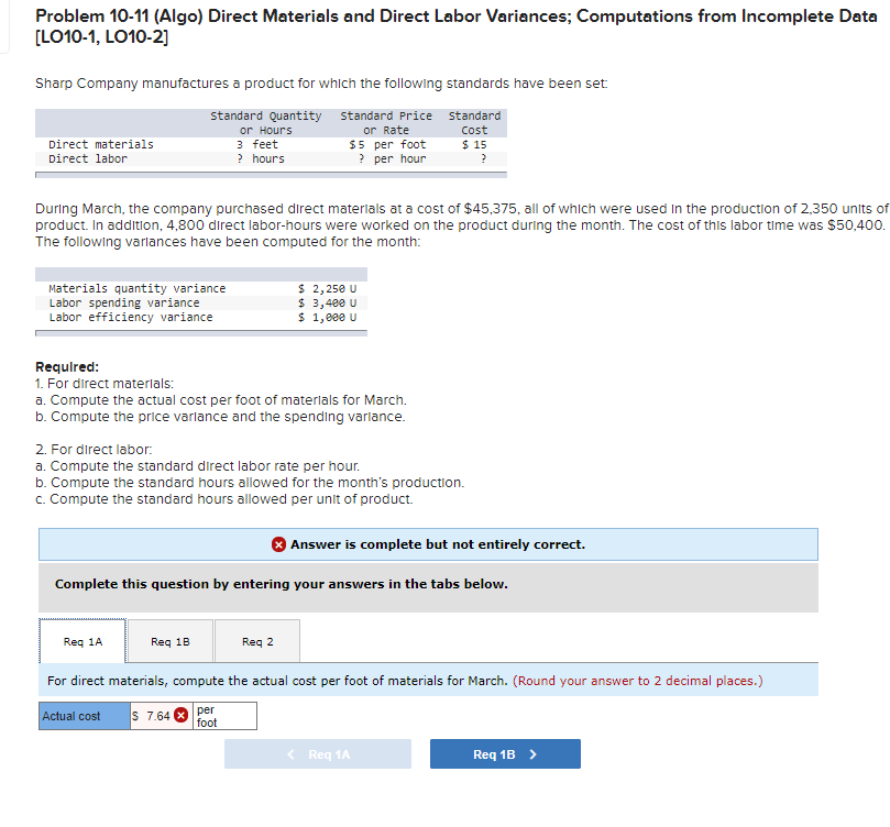 Problem 10-11 (Algo) Direct Materials and Direct Labor Variances; Computations from
