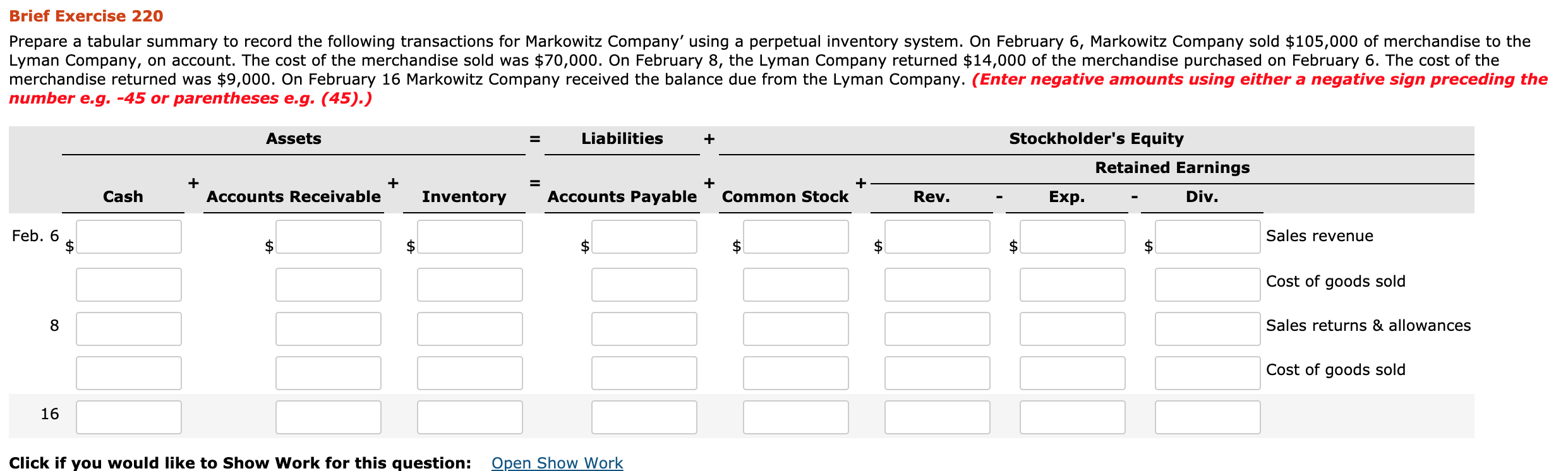 Brief Exercise 220 Prepare a tabular summary to record the following