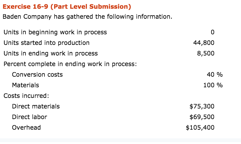 Please do part C Exercise 16-9 (Part Level Submission) Baden Company has
