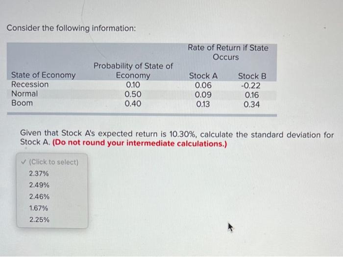  Consider the following information: Given that Stock A's expected return is