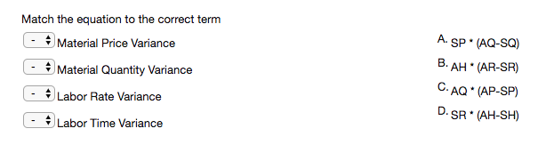 Match the equation to the correct term Material Price Variance Material