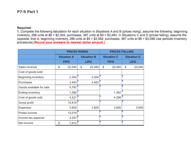 P7-5 Evaluating the LIFO and FIFO Choice When Costs Are Rising and